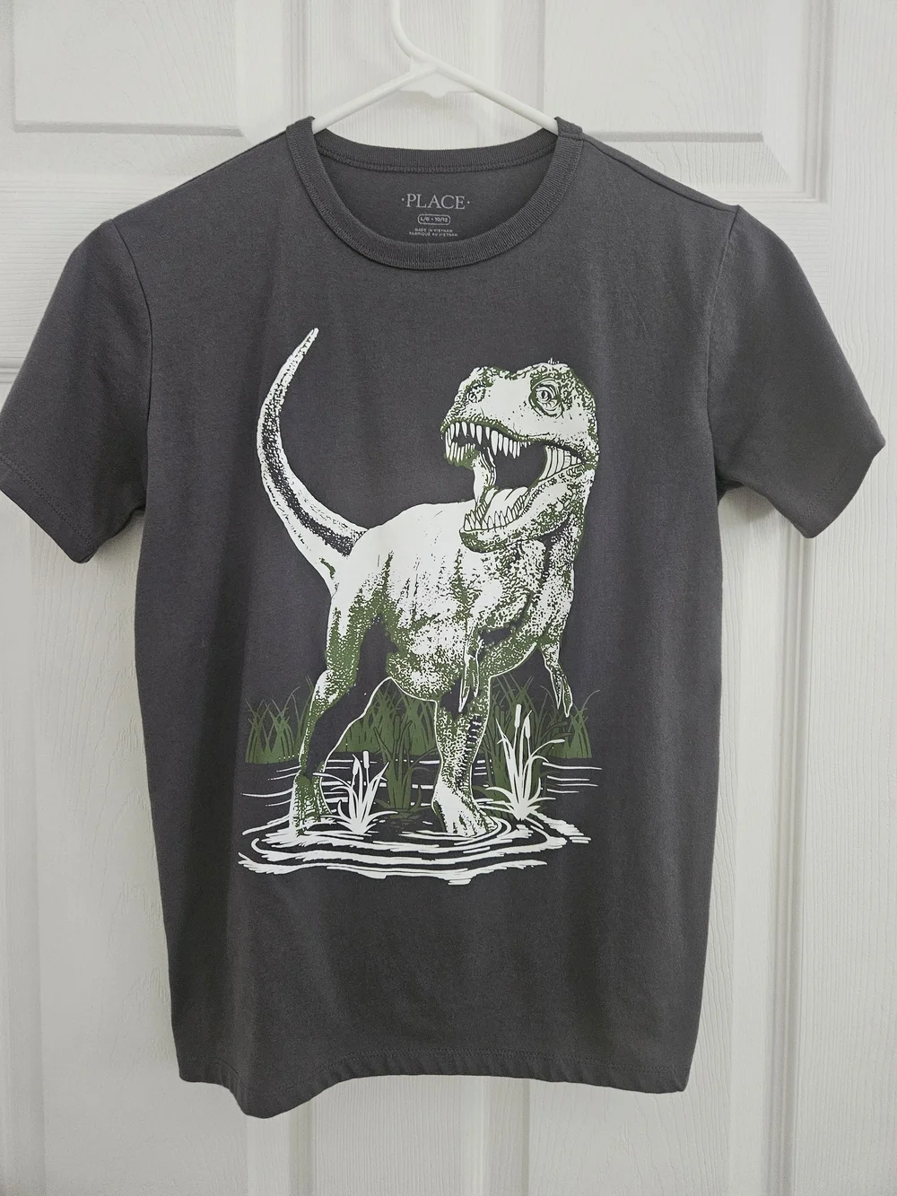The Children's Place Charcoal Gray Tee with White and Green Dinosaur Graphic